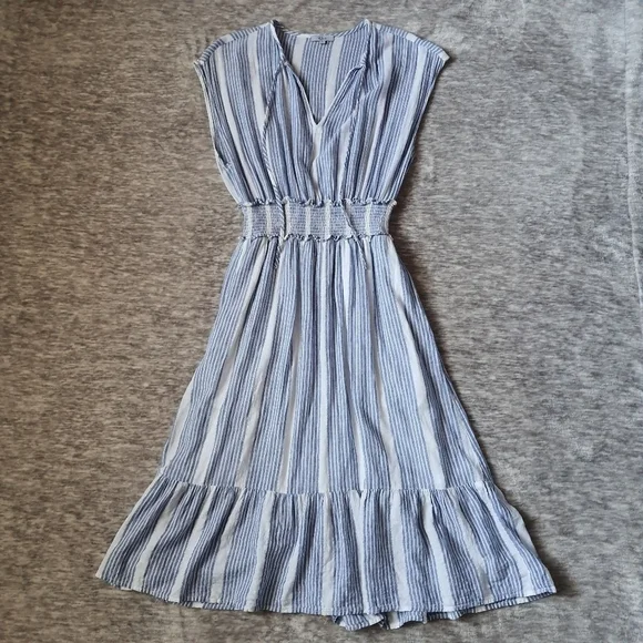 Rails Ashlyn Levanzo Striped Dress Sleeveless Smock Ruffle Blue Midi Linen Rayon - Picture 10 of 12